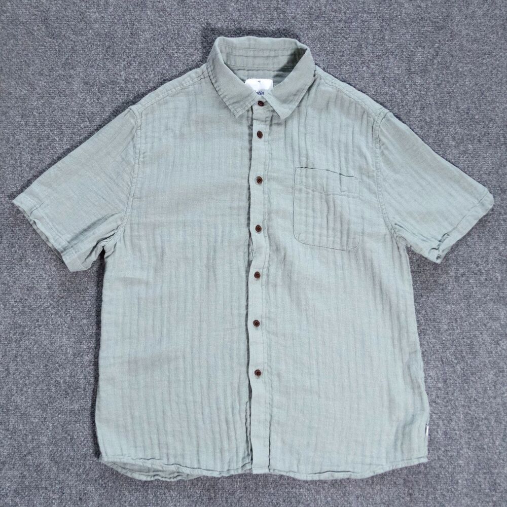 Katin Alan Button Shirt Linen Cotton Blend Herringbone Abyss Green Mens Medium
